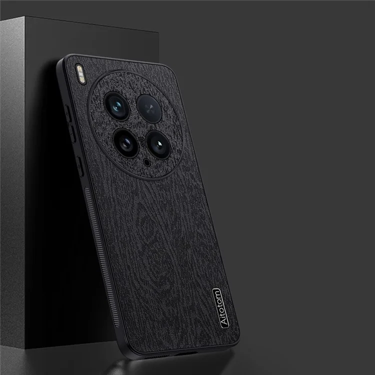 Чехол для vivo X200 Ultra 5G с текстурой дерева, кожаным покрытием из ПУ и ТПУ - Черный