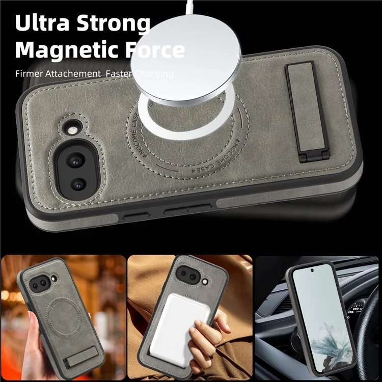Cover per Google Pixel 9a Compatibile con MagSafe con Supporto Pieghevole in Pelle - Grigio