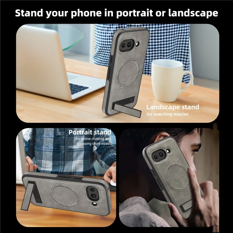 Cover per Google Pixel 9a Compatibile con MagSafe con Supporto Pieghevole in Pelle - Grigio
