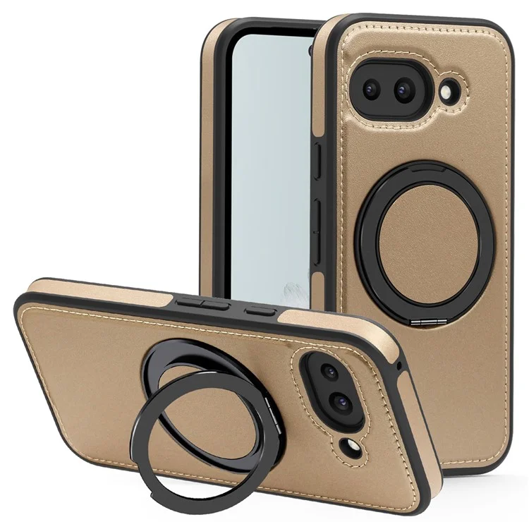 For Google Pixel 9a Case with Ring Kickstand Compatible with MagSafe PU Leather Back Cover - Desert Gold
