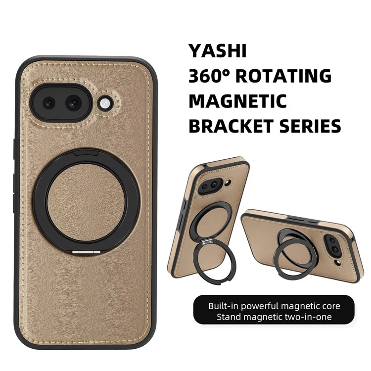 For Google Pixel 9a Case with Ring Kickstand Compatible with MagSafe PU Leather Back Cover - Desert Gold