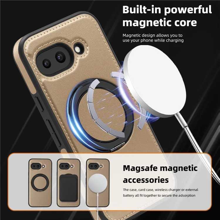 For Google Pixel 9a Case with Ring Kickstand Compatible with MagSafe PU Leather Back Cover - Desert Gold