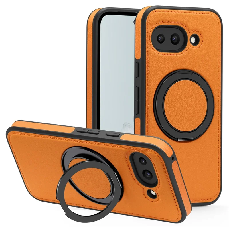 For Google Pixel 9a Case with Ring Kickstand Magnetic Case PU Leather Back Cover - Orange