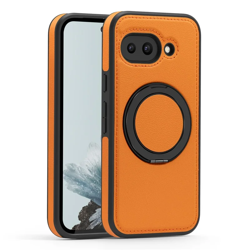 For Google Pixel 9a Case with Ring Kickstand Magnetic Case PU Leather Back Cover - Orange