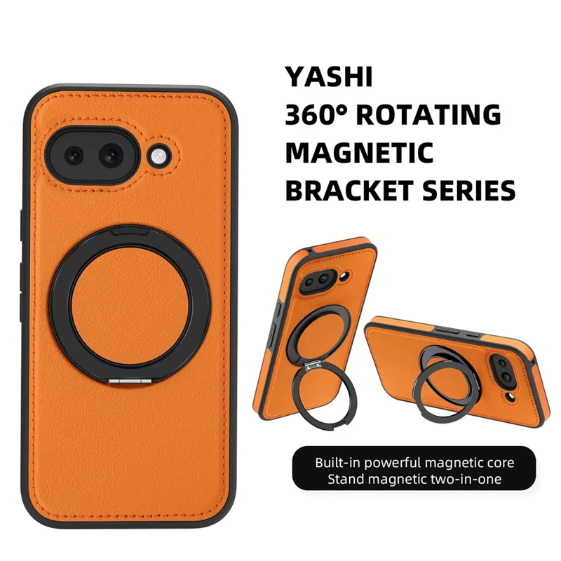 For Google Pixel 9a Case with Ring Kickstand Magnetic Case PU Leather Back Cover - Orange
