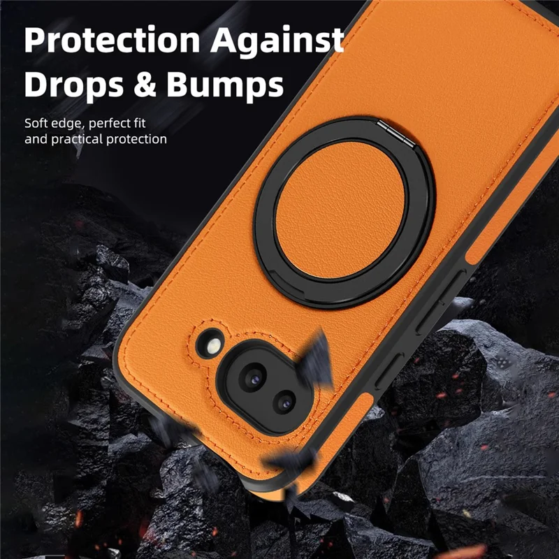 For Google Pixel 9a Case with Ring Kickstand Magnetic Case PU Leather Back Cover - Orange