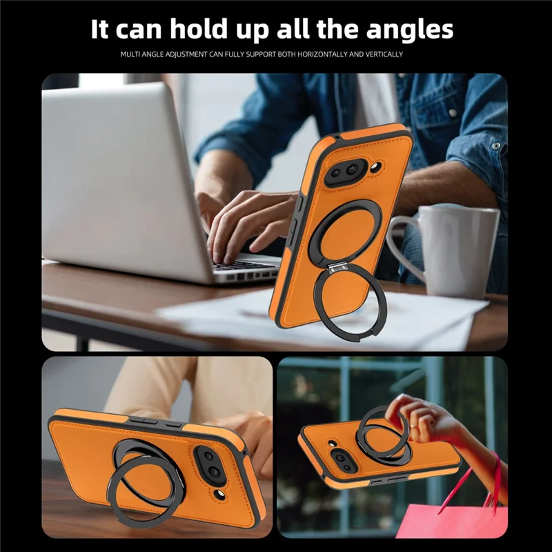 For Google Pixel 9a Case with Ring Kickstand Magnetic Case PU Leather Back Cover - Orange