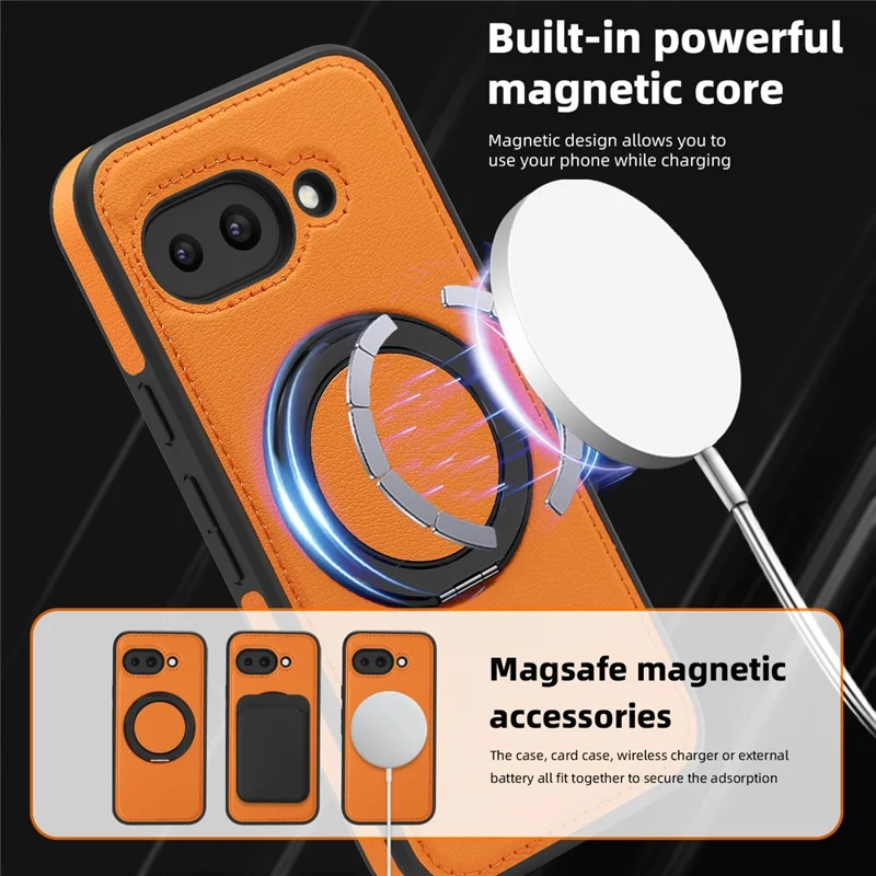 For Google Pixel 9a Case with Ring Kickstand Magnetic Case PU Leather Back Cover - Orange
