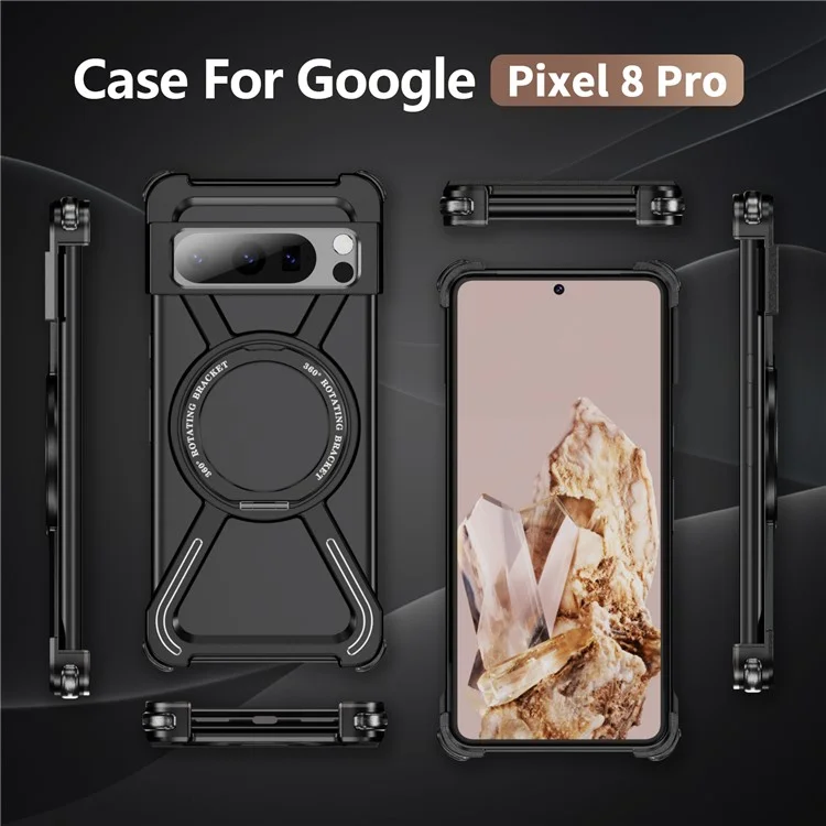 For Google Pixel 8 Pro Bumper Cases Borderless Metal Frame Cover Compatible with MagSafe Kickstand - Black