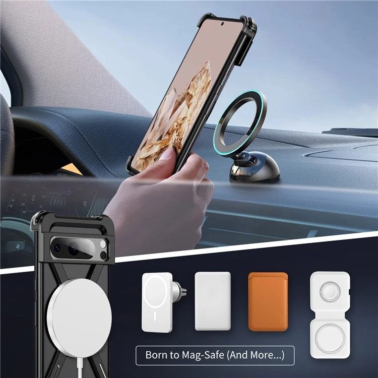For Google Pixel 8 Pro Bumper Cases Borderless Metal Frame Cover Compatible with MagSafe Kickstand - Black