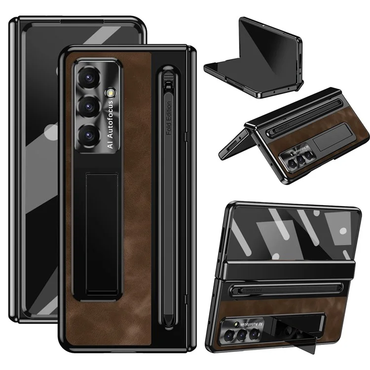 Cover per Samsung Galaxy Z Fold7 5G con Slot per Penna, Custodia in Pelle + PC con Supporto, Vetro Temperato, Stylus - Caffè