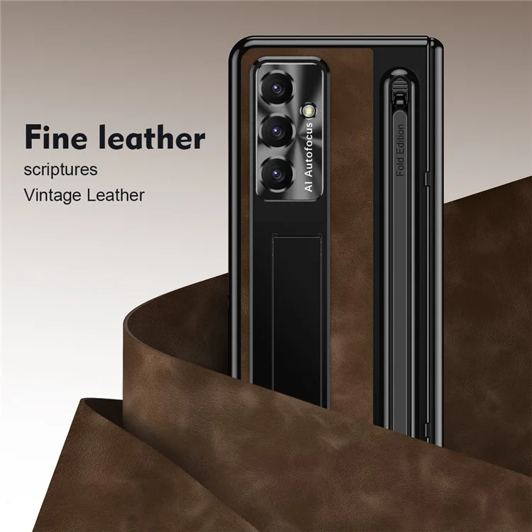 Cover per Samsung Galaxy Z Fold7 5G con Slot per Penna, Custodia in Pelle + PC con Supporto, Vetro Temperato, Stylus - Caffè
