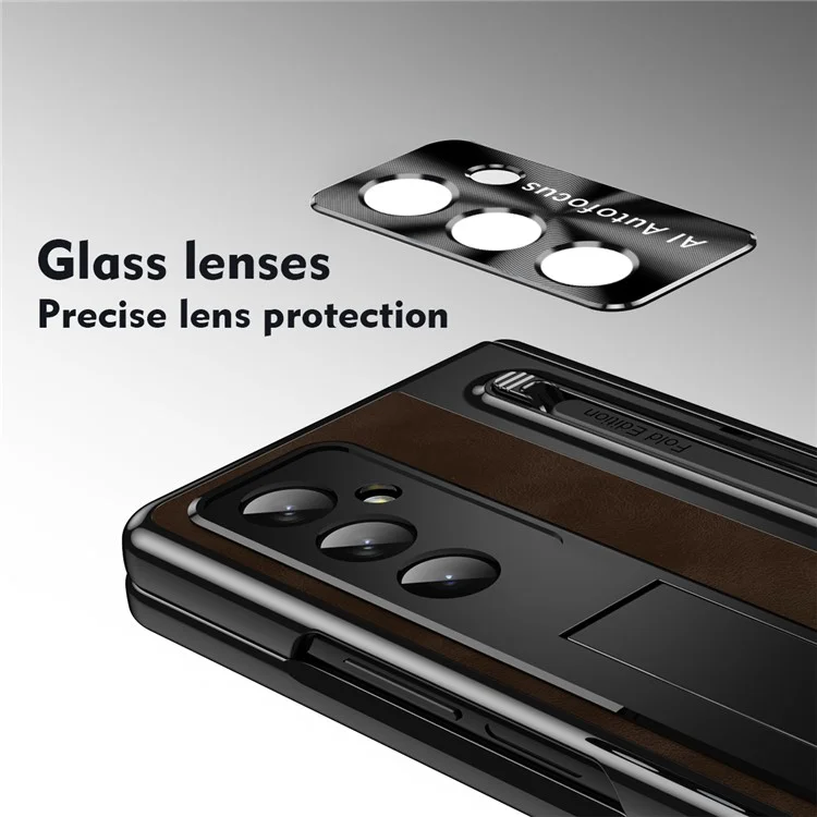 Cover per Samsung Galaxy Z Fold7 5G con Slot per Penna, Custodia in Pelle + PC con Supporto, Vetro Temperato, Stylus - Caffè
