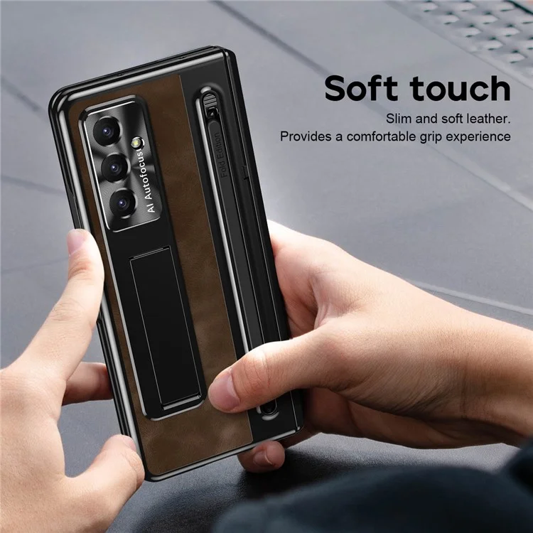 Cover per Samsung Galaxy Z Fold7 5G con Slot per Penna, Custodia in Pelle + PC con Supporto, Vetro Temperato, Stylus - Caffè