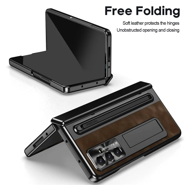 Cover per Samsung Galaxy Z Fold7 5G con Slot per Penna, Custodia in Pelle + PC con Supporto, Vetro Temperato, Stylus - Caffè