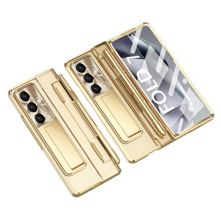 Чехол для Samsung Galaxy Z Fold7 5G с подставкой, жестким ПК корпусом, защитной пленкой / стилусом - Золотой шампань