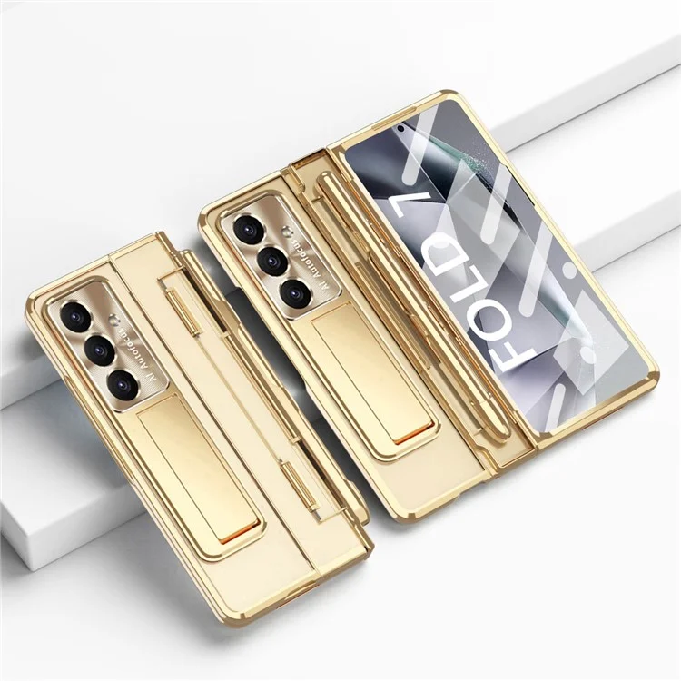 Чехол для Samsung Galaxy Z Fold7 5G с подставкой, жестким ПК корпусом, защитной пленкой / стилусом - Золотой шампань