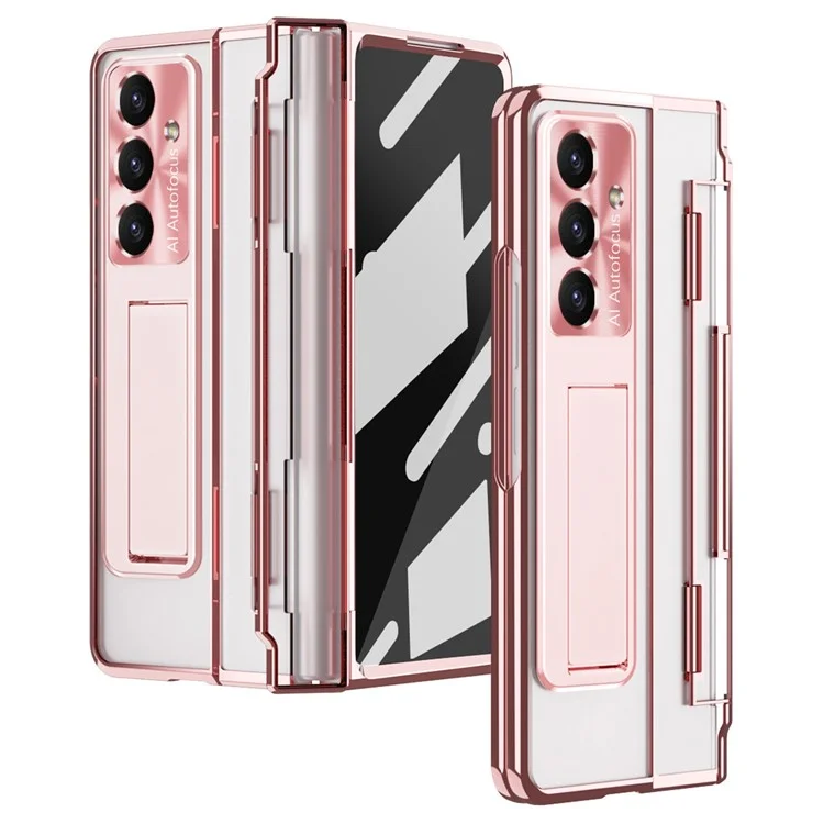 Для Samsung Galaxy Z Fold7 5G Чехол с подставкой Жесткий ПК Чехол для телефона с защитной пленкой для экрана - Розовое золото