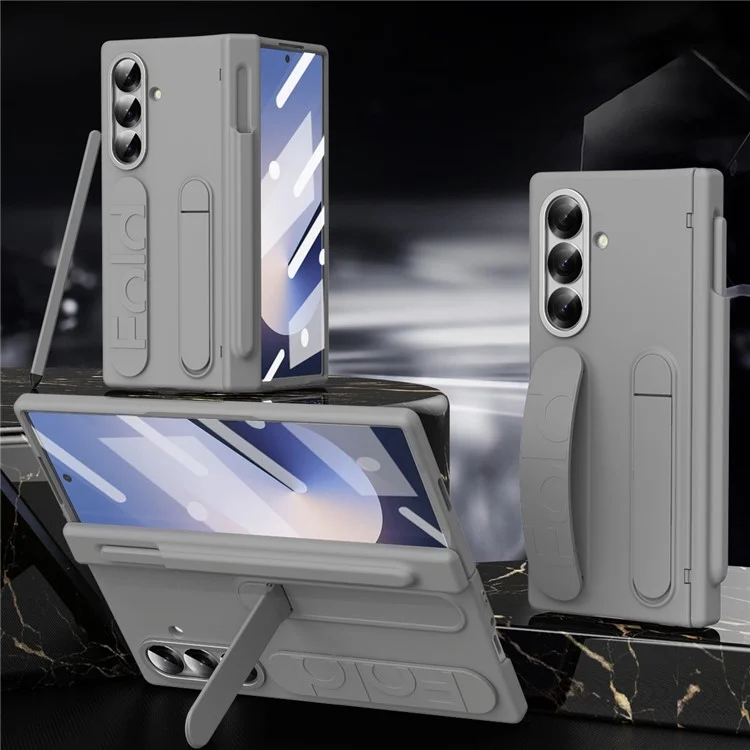 Чехол для Samsung Galaxy Z Fold7 5G с подставкой, ремешком на руку и жестким ПК-корпусом с отсеком для стилуса - Серый