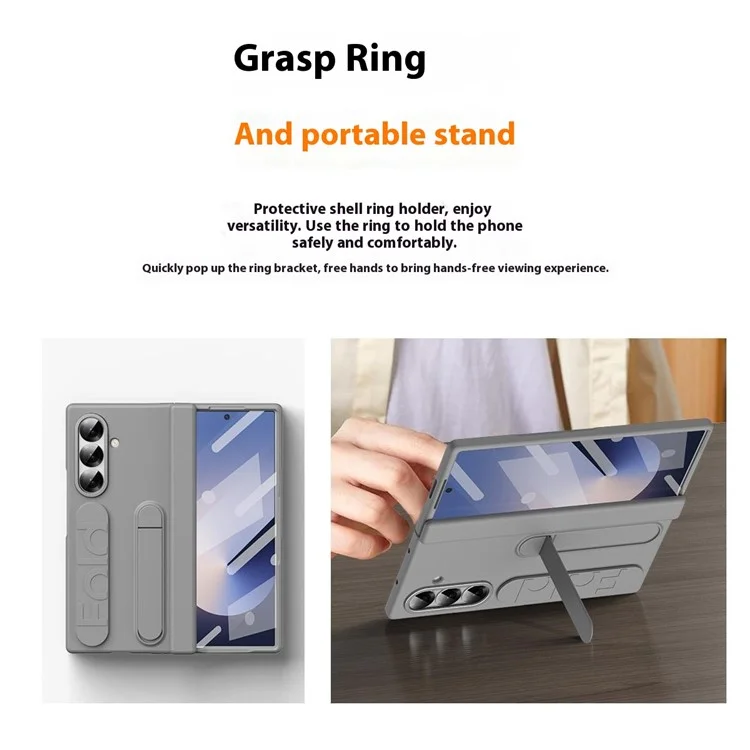 Чехол для Samsung Galaxy Z Fold7 5G с подставкой, ремешком на руку и жестким ПК-корпусом с отсеком для стилуса - Серый