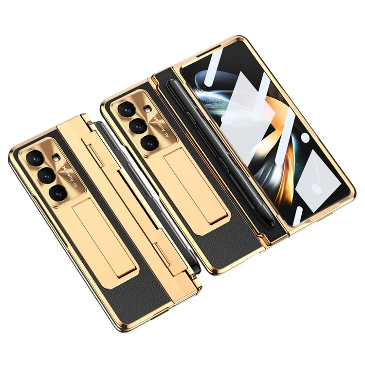 Чехол для Samsung Galaxy Z Fold7 5G с подставкой, из кожи + ПК, с закаленным стеклом / Стилус - Золотой + Черный