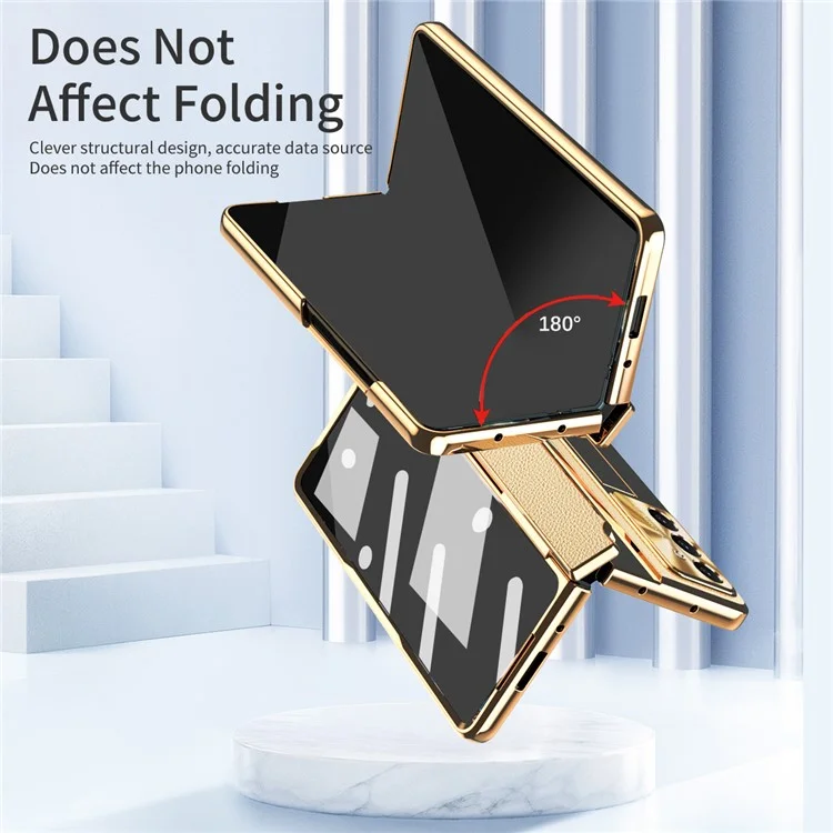 Чехол для Samsung Galaxy Z Fold7 5G с подставкой, из кожи + ПК, с закаленным стеклом / Стилус - Золотой + Черный