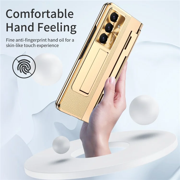 Чехол для Samsung Galaxy Z Fold7 5G с подставкой, из кожи + ПК, с закаленным стеклом / Стилус - Золотой + Черный