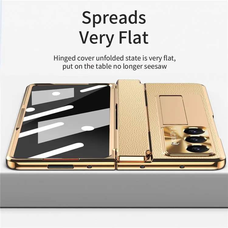 Чехол для Samsung Galaxy Z Fold7 5G с подставкой, из кожи + ПК, с закаленным стеклом / Стилус - Золотой + Черный