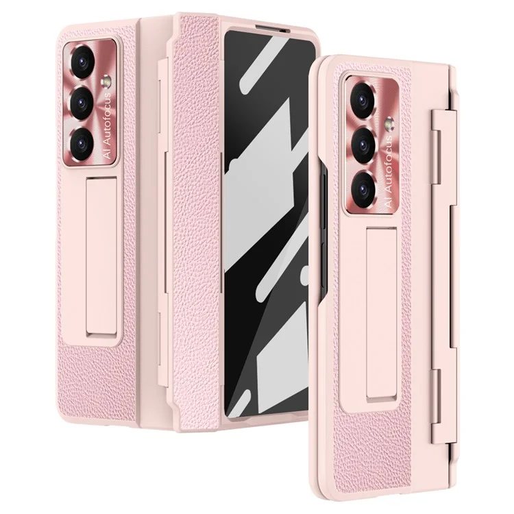 Для Samsung Galaxy Z Fold7 5G Чехол из кожи + ПК Подставка Чехол для телефона с закаленной стеклянной пленкой - Розовый