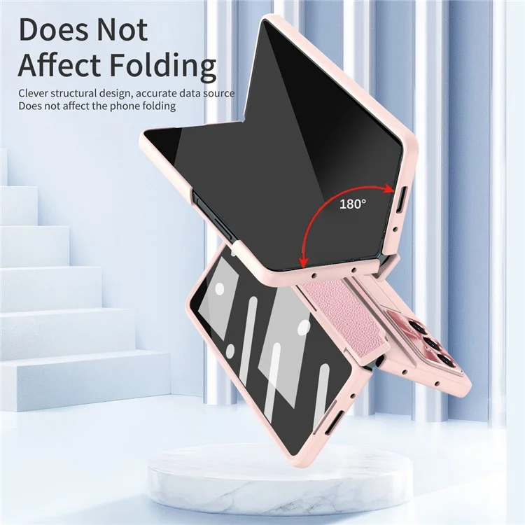 Для Samsung Galaxy Z Fold7 5G Чехол из кожи + ПК Подставка Чехол для телефона с закаленной стеклянной пленкой - Розовый