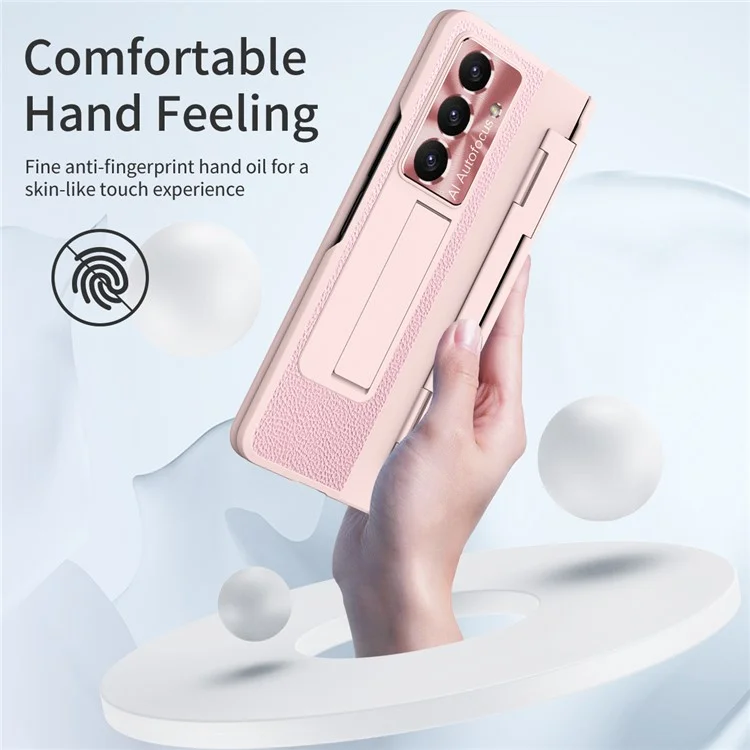 Для Samsung Galaxy Z Fold7 5G Чехол из кожи + ПК Подставка Чехол для телефона с закаленной стеклянной пленкой - Розовый