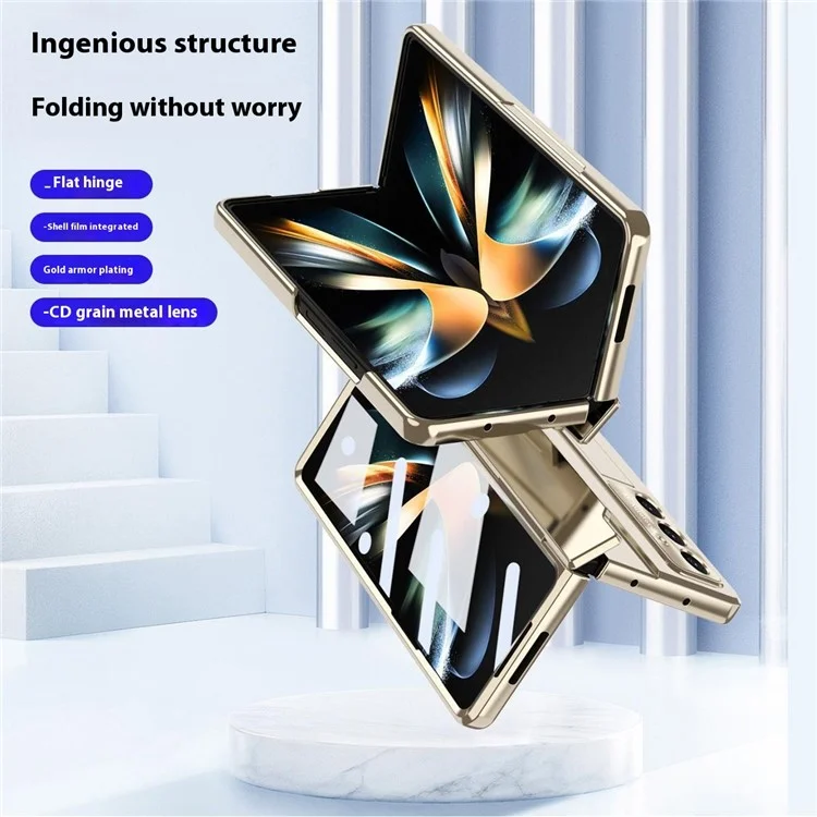 Per Samsung Galaxy Z Fold7 5G Custodia Protezione Cerniera Dura PC Cover Telefonica con Pellicola Schermo / Stilo - Oro