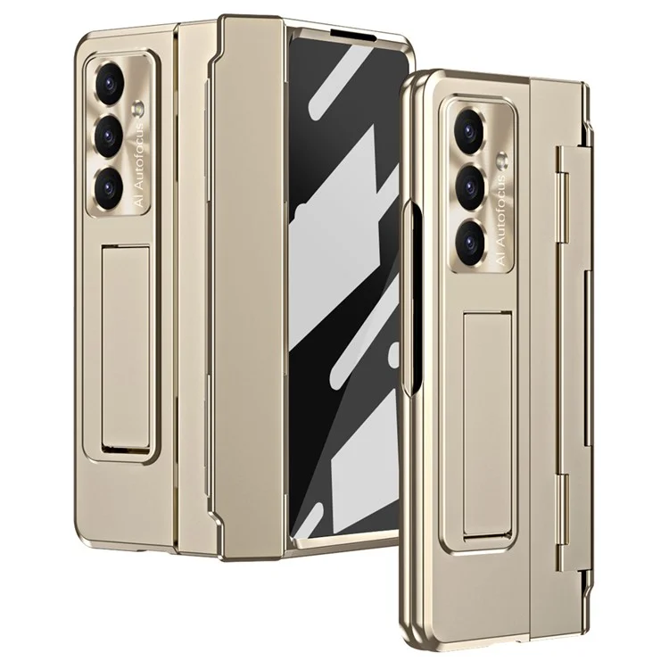 Für Samsung Galaxy Z Fold7 5G Hülle Scharniergelenk-Schutz Hartplastik Handyhülle mit Displayschutzfolie - Gold