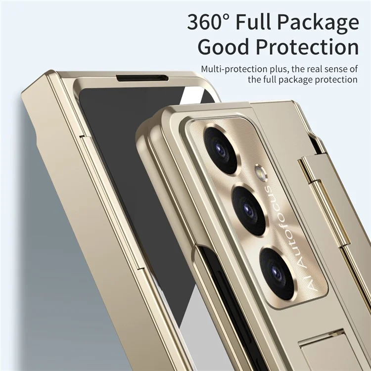 Für Samsung Galaxy Z Fold7 5G Hülle Scharniergelenk-Schutz Hartplastik Handyhülle mit Displayschutzfolie - Gold