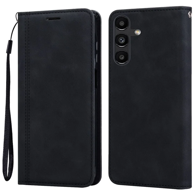 For Samsung Galaxy A55 5G Case Business Style Magnetic Closure Leather Phone Cover with Strap - Black