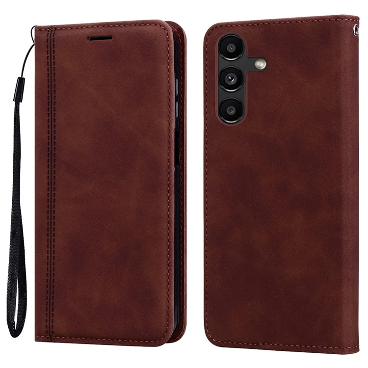 For Samsung Galaxy A55 5G Case Business Style Magnetic Closure Leather Phone Cover with Strap - Brown