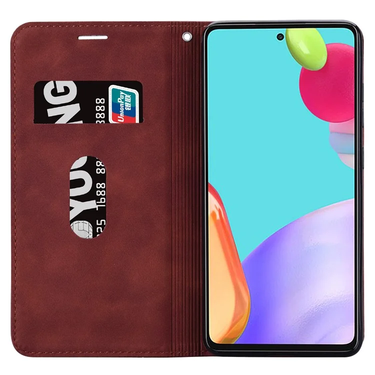 For Samsung Galaxy A55 5G Case Business Style Magnetic Closure Leather Phone Cover with Strap - Brown