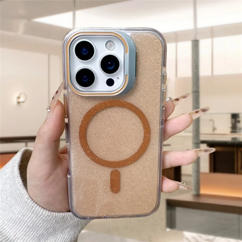 For iPhone 16 Pro Max Case Compatible with MagSafe Lens Kicktand Glitter PC Phone Cover - Gold