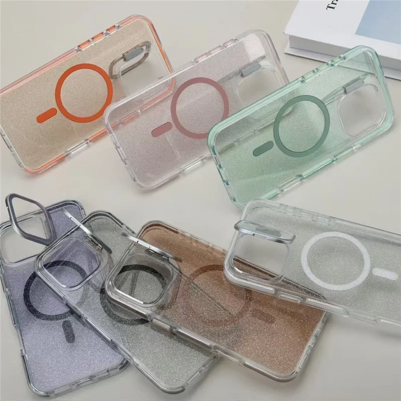 For iPhone 16 Pro Max Case Compatible with MagSafe Lens Kicktand Glitter PC Phone Cover - Gold