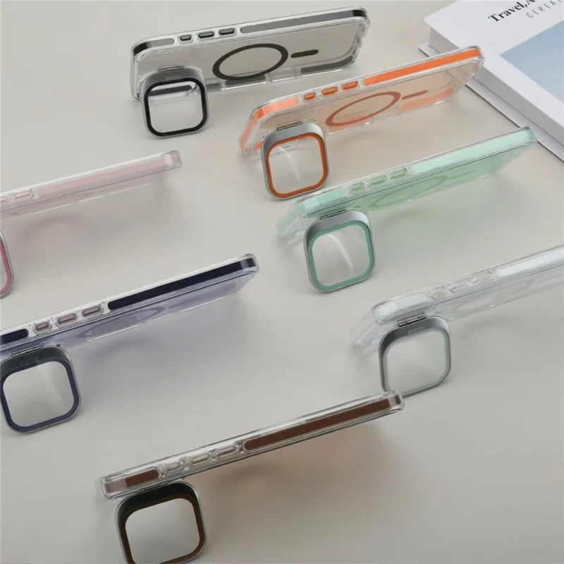 For iPhone 16 Pro Case Compatible with MagSafe Lens Kicktand Glitter PC Phone Cover - Orange