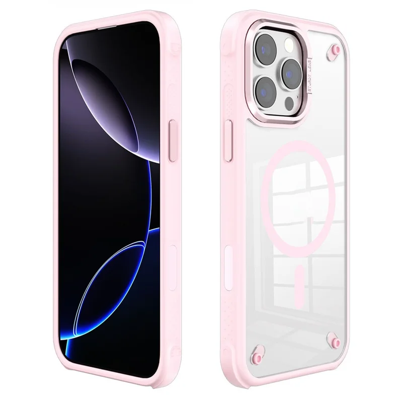 For iPhone 16 Pro Case Compatible with MagSafe Corner Protection PC + TPU Clear Back Cover - Pink