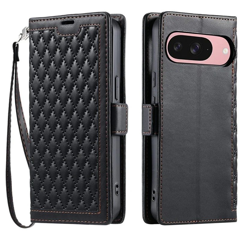 For Google Pixel 9 Pro  /  Pixel 9 Leather Case Rhombus Texture Wallet Stand Phone Cover with Wrist Strap - Black