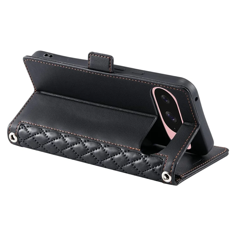 For Google Pixel 9 Pro  /  Pixel 9 Leather Case Rhombus Texture Wallet Stand Phone Cover with Wrist Strap - Black