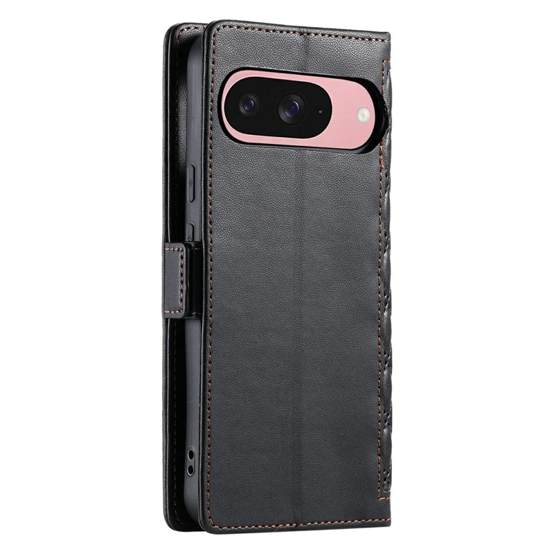 For Google Pixel 9 Pro  /  Pixel 9 Leather Case Rhombus Texture Wallet Stand Phone Cover with Wrist Strap - Black