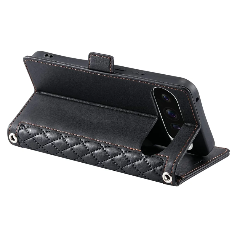 For Google Pixel 9 Pro XL Leather Case Rhombus Texture Wallet Stand Phone Cover with Wrist Strap - Black