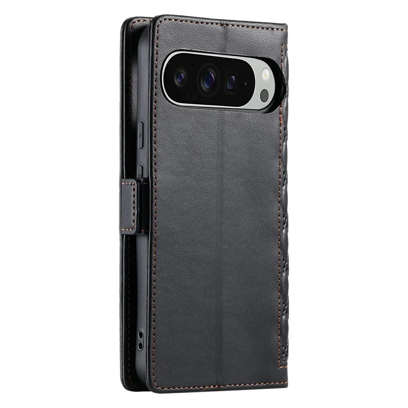 For Google Pixel 9 Pro XL Leather Case Rhombus Texture Wallet Stand Phone Cover with Wrist Strap - Black