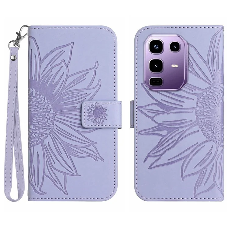 Étui pour Infinix Note 50 Pro+ 5G Motif Tournesol en Cuir avec Porte-Carte et Dragonne - Violet Clair