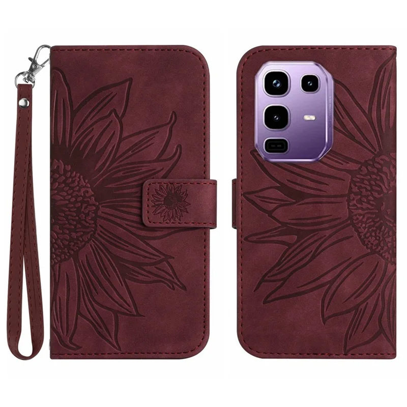 For Infinix Note 50 Pro+ 5G Case Sunflower Imprint Leather Wallet Phone Cover with Wrist Strap - Wine Red