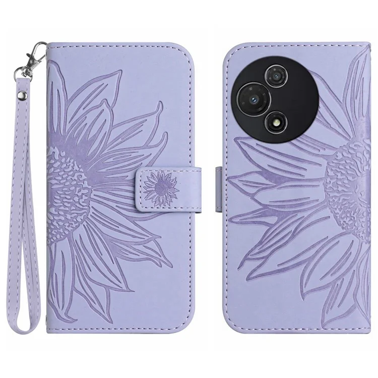 Capa para TCL 60R 5G com Estampa de Girassol em Couro Carteira, Alça de Pulso - Roxo Claro