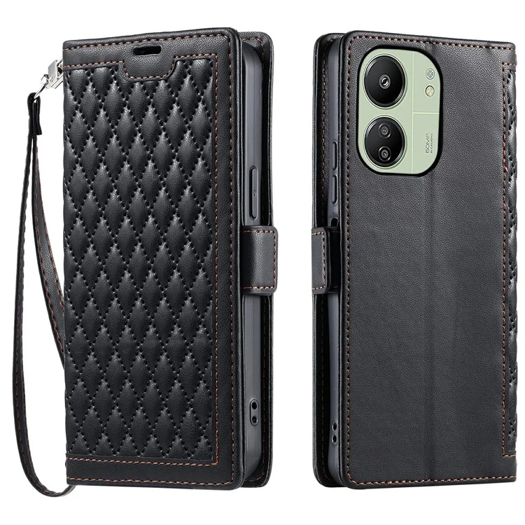 Funda de cuero para Xiaomi Redmi 13C 5G / 4G / 13R 5G / Poco C65 4G Textura de rombo Funda de teléfono con soporte y correa para la muñeca - Negro